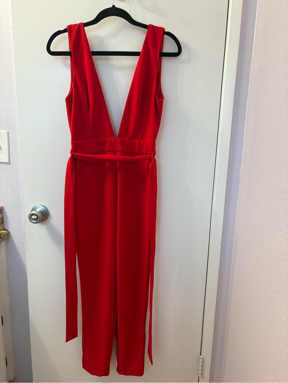 Shop. Red Deep V-Neck Sleeveless Jumpsuit with Waist Tie Size 2/NWT